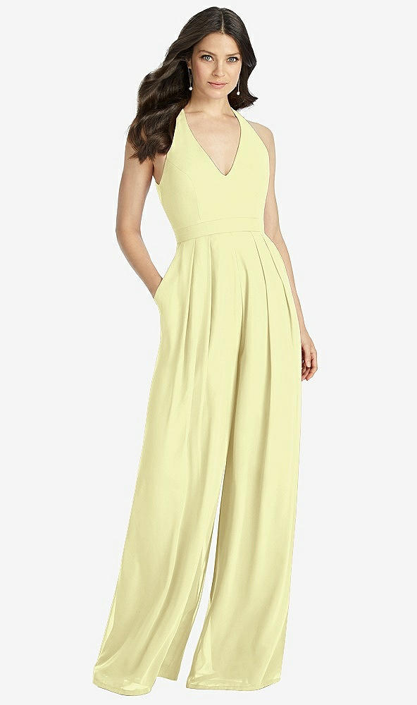 Front View - Butter Yellow V-Neck Backless Pleated Front Jumpsuit