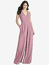 Front View Thumbnail - Dusty Pink V-Neck Backless Pleated Front Jumpsuit