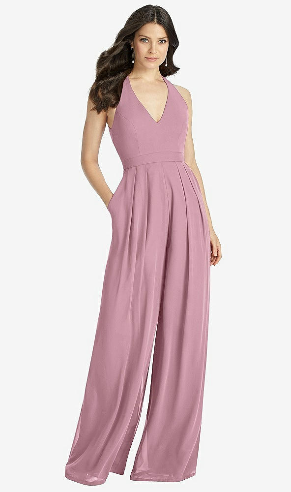 Front View - Dusty Pink V-Neck Backless Pleated Front Jumpsuit