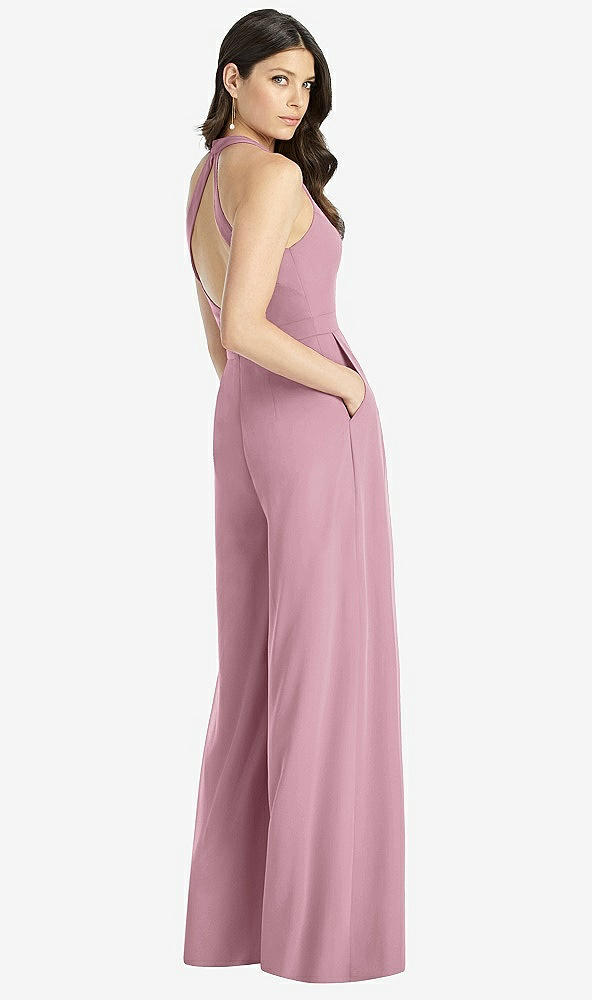 Back View - Dusty Pink V-Neck Backless Pleated Front Jumpsuit