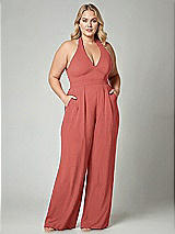 Alt View 1 Thumbnail - Coral Pink V-Neck Backless Pleated Front Jumpsuit