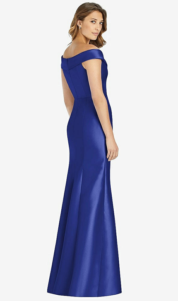 Back View - Cobalt Blue Off-the-Shoulder Cuff Trumpet Gown with Front Slit
