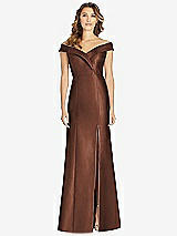 Front View Thumbnail - Cognac Off-the-Shoulder Cuff Trumpet Gown with Front Slit