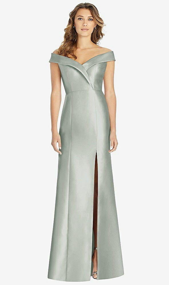Front View - Willow Green Off-the-Shoulder Cuff Trumpet Gown with Front Slit