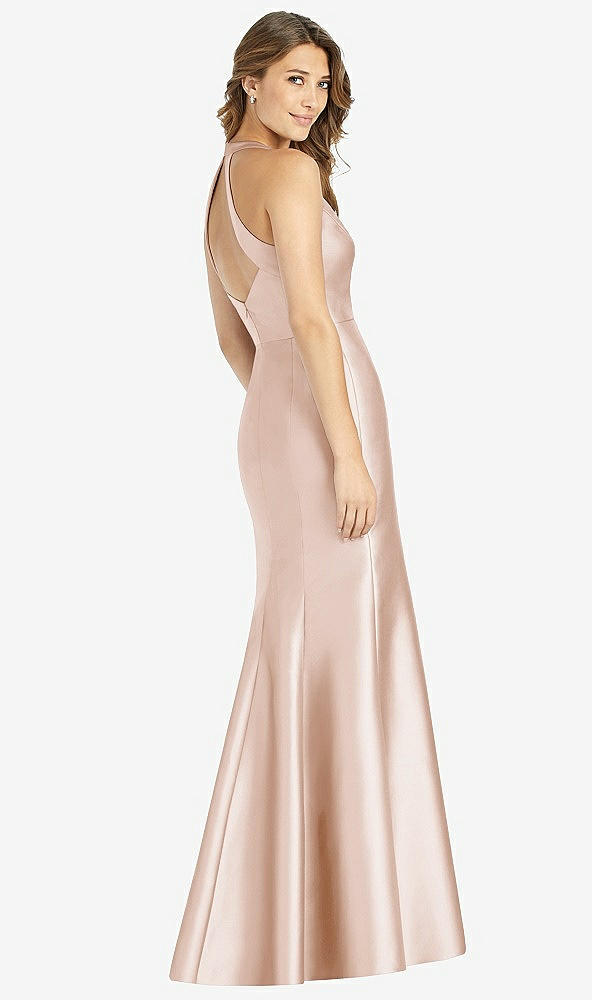 Back View - Cameo V-Neck Halter Satin Trumpet Gown