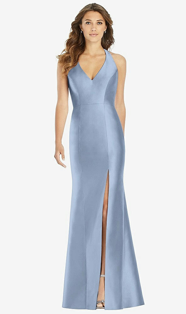 Front View - Cloudy V-Neck Halter Satin Trumpet Gown