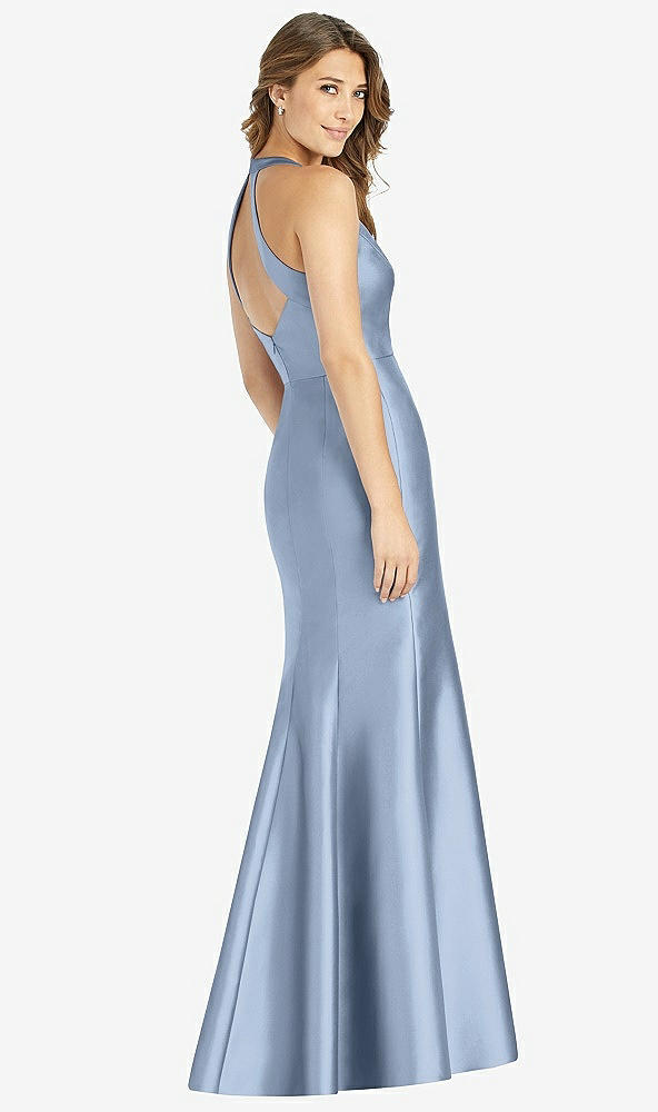 Back View - Cloudy V-Neck Halter Satin Trumpet Gown