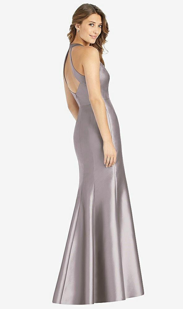 Back View - Cashmere Gray V-Neck Halter Satin Trumpet Gown