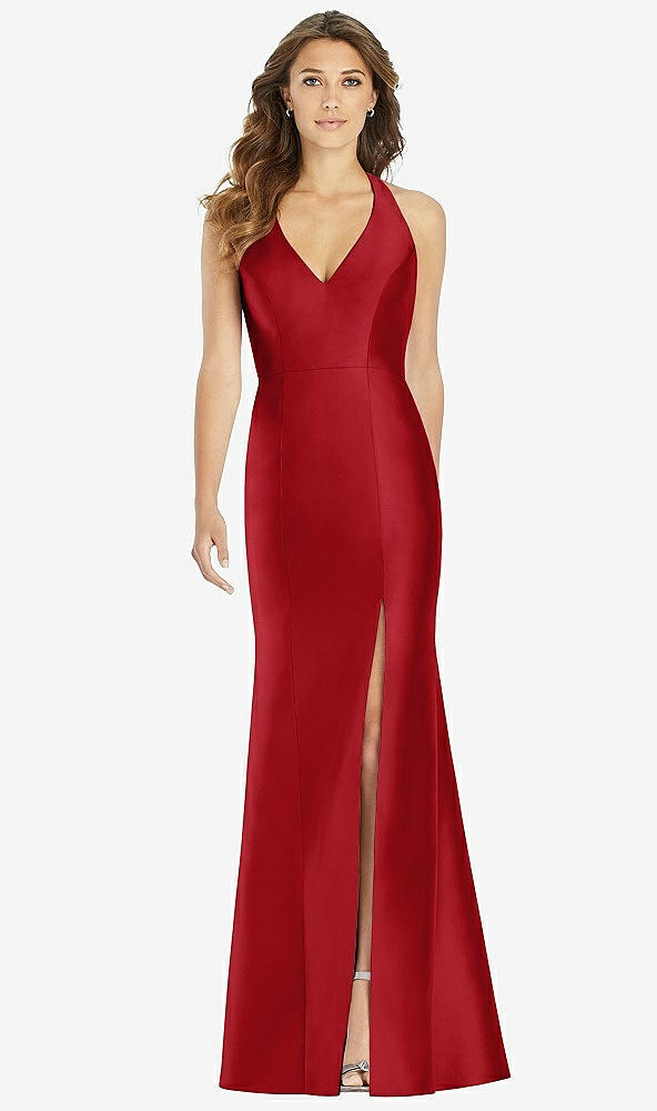 Front View - Garnet V-Neck Halter Satin Trumpet Gown