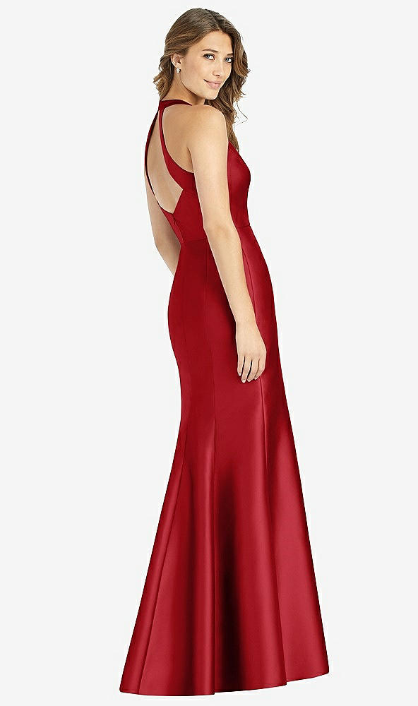 Back View - Garnet V-Neck Halter Satin Trumpet Gown