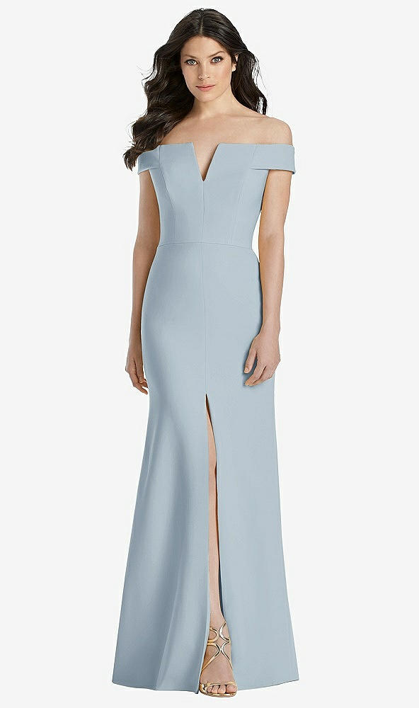 Front View - Mist Off-the-Shoulder Notch Trumpet Gown with Front Slit