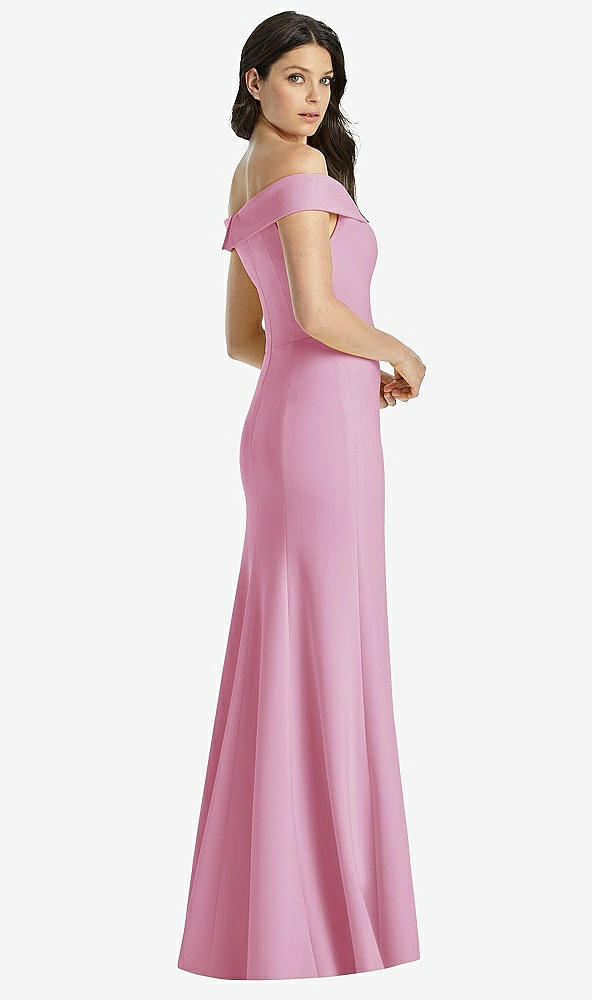 Back View - Powder Pink Off-the-Shoulder Notch Trumpet Gown with Front Slit