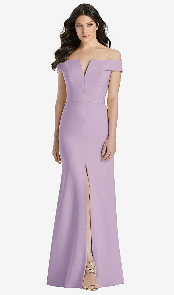 Front View - Pale Purple Off-the-Shoulder Notch Trumpet Gown with Front Slit