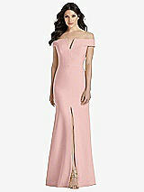 Front View Thumbnail - Rose - PANTONE Rose Quartz Off-the-Shoulder Notch Trumpet Gown with Front Slit