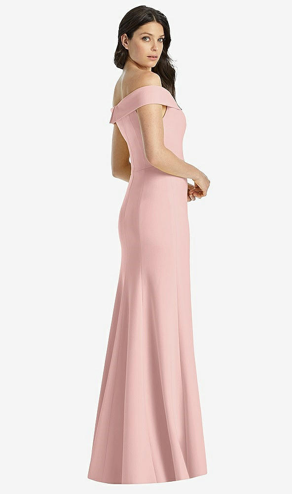 Back View - Rose - PANTONE Rose Quartz Off-the-Shoulder Notch Trumpet Gown with Front Slit