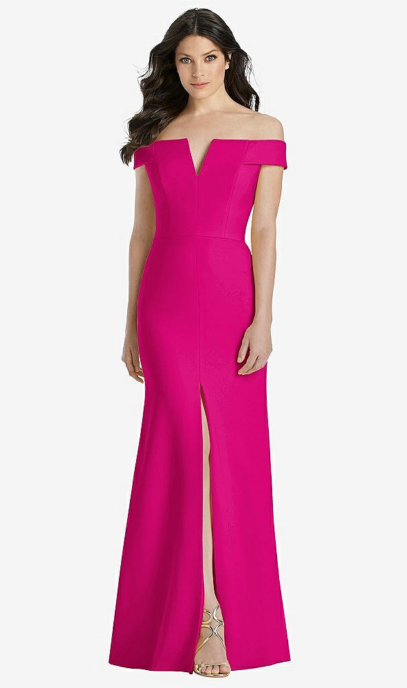 Front View - Think Pink Off-the-Shoulder Notch Trumpet Gown with Front Slit