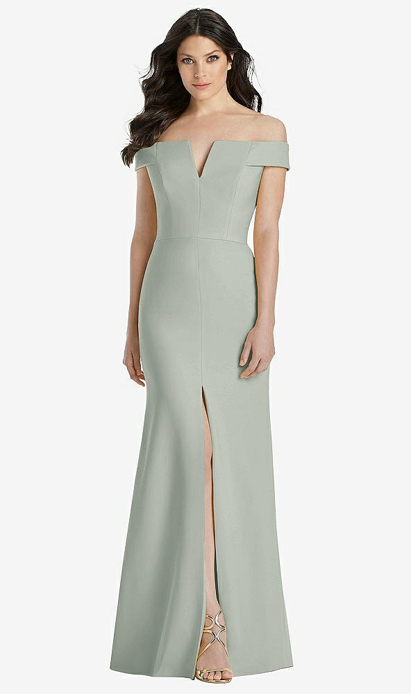 Front View - Willow Green Off-the-Shoulder Notch Trumpet Gown with Front Slit
