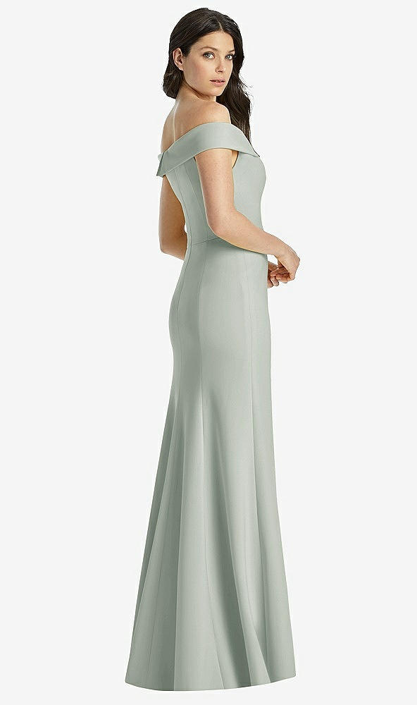 Back View - Willow Green Off-the-Shoulder Notch Trumpet Gown with Front Slit