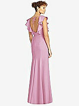 Rear View Thumbnail - Powder Pink Ruffle Cap Sleeve Open-back Trumpet Gown