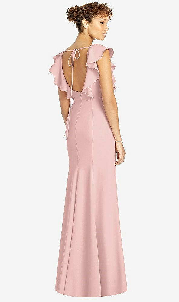 Back View - Rose - PANTONE Rose Quartz Ruffle Cap Sleeve Open-back Trumpet Gown