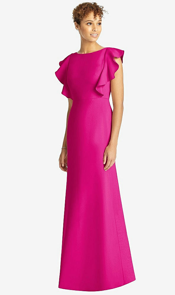 Front View - Think Pink Ruffle Cap Sleeve Open-back Trumpet Gown