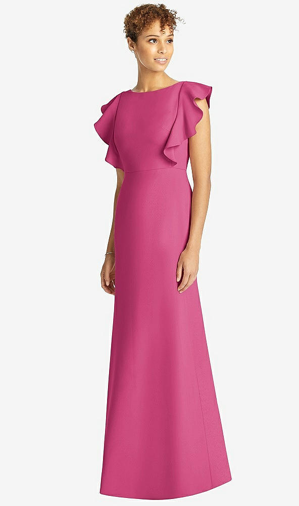 Front View - Tea Rose Ruffle Cap Sleeve Open-back Trumpet Gown