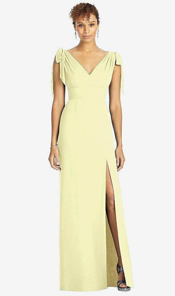 Front View - Butter Yellow Bow-Shoulder Sleeveless Deep V-Back Mermaid Dress