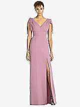 Front View Thumbnail - Dusty Pink Bow-Shoulder Sleeveless Deep V-Back Mermaid Dress