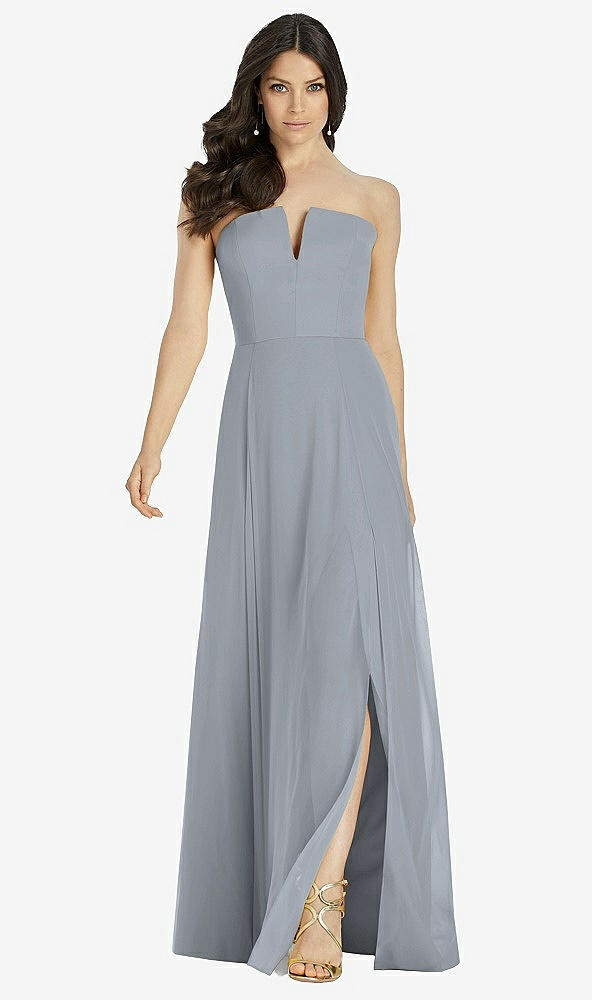 Front View - Platinum Strapless Notch Chiffon Maxi Dress