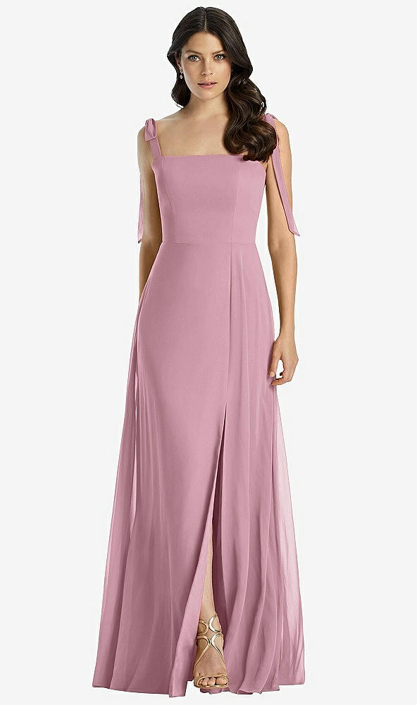 Front View - Dusty Pink Tie-Shoulder Chiffon Maxi Dress with Front Slit