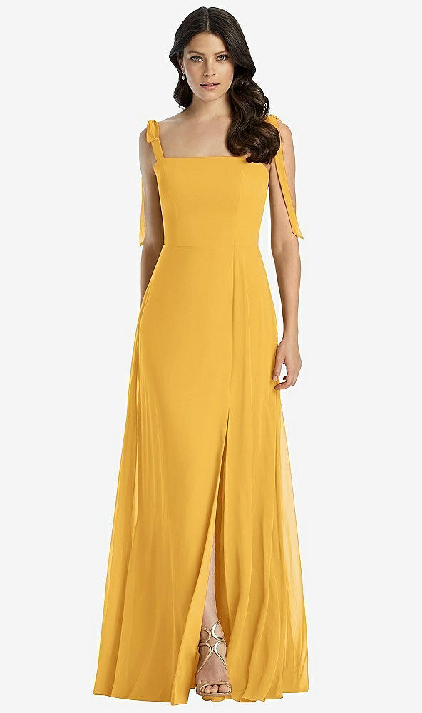 Front View - NYC Yellow Tie-Shoulder Chiffon Maxi Dress with Front Slit