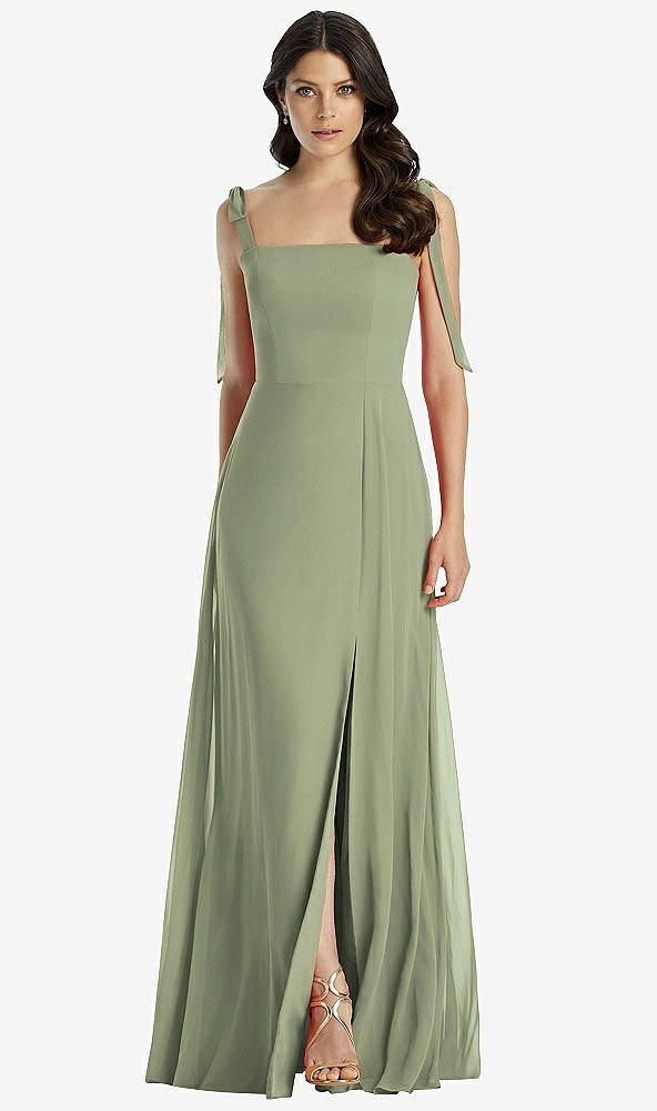 Front View - Sage Tie-Shoulder Chiffon Maxi Dress with Front Slit