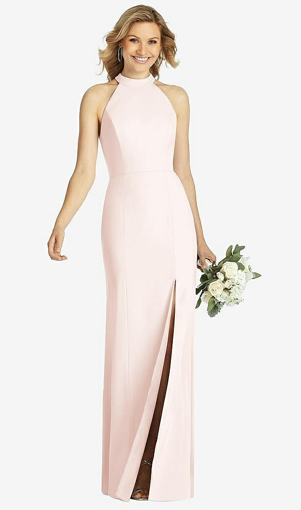 Front View - Blush High-Neck Cutout Halter Trumpet Gown