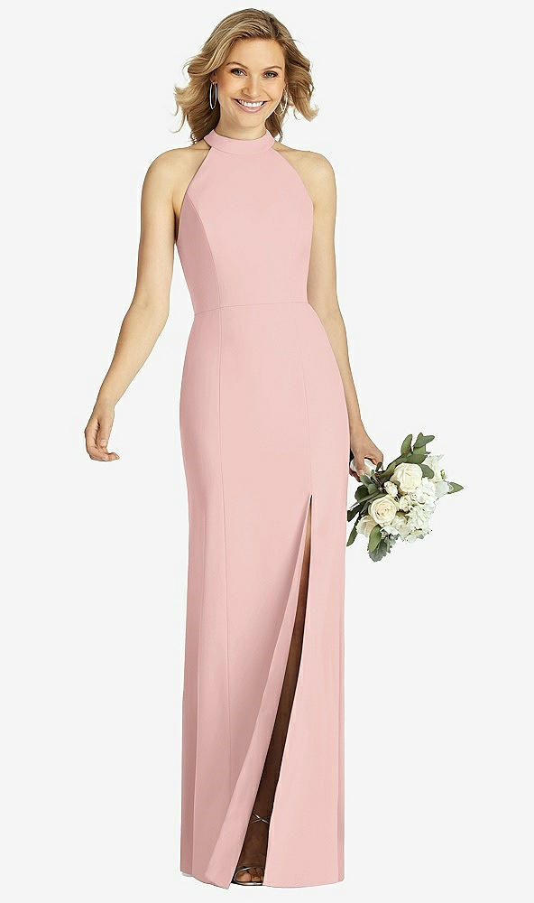 Front View - Rose - PANTONE Rose Quartz High-Neck Cutout Halter Trumpet Gown