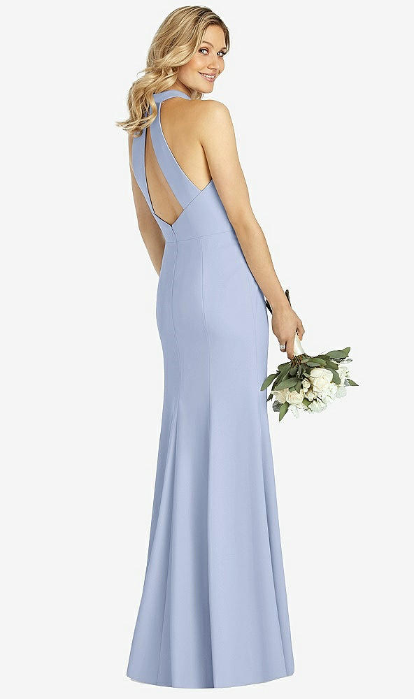 Back View - Sky Blue High-Neck Cutout Halter Trumpet Gown