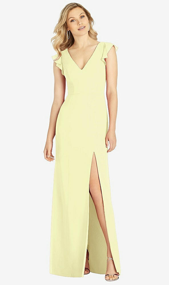 Front View - Butter Yellow Ruffled Sleeve Mermaid Dress with Front Slit