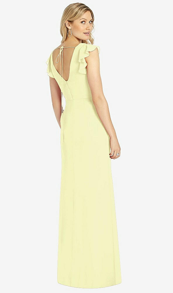 Back View - Butter Yellow Ruffled Sleeve Mermaid Dress with Front Slit