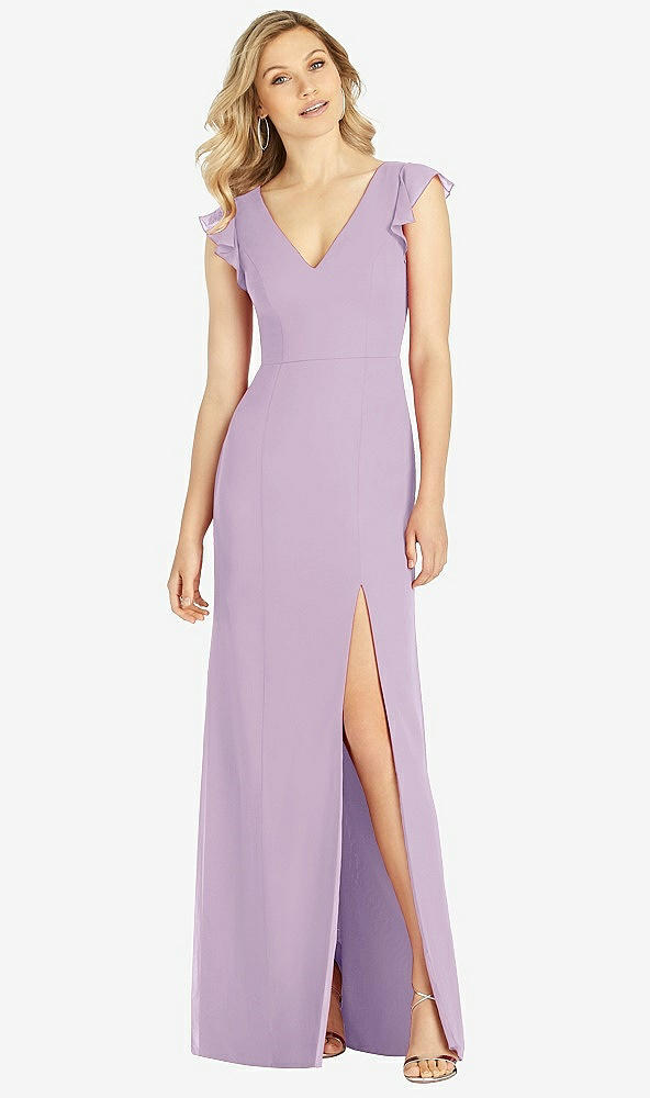 Front View - Pale Purple Ruffled Sleeve Mermaid Dress with Front Slit