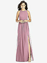 Front View Thumbnail - Dusty Pink Shirred Skirt Jewel Neck Halter Dress with Front Slit