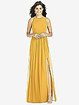 Front View Thumbnail - NYC Yellow Shirred Skirt Jewel Neck Halter Dress with Front Slit