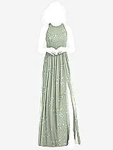 Front View Thumbnail - Vintage Primrose Sage Shirred Skirt Jewel Neck Halter Dress with Front Slit