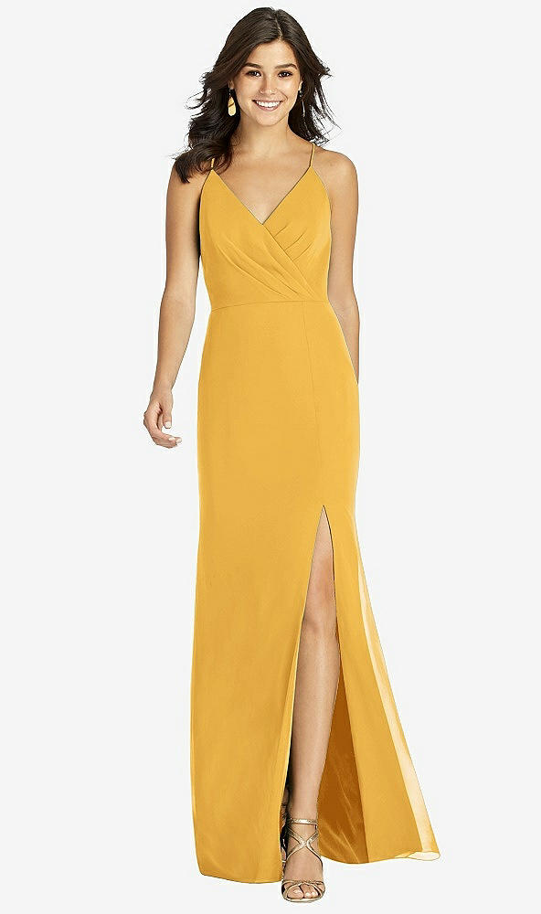 Front View - NYC Yellow Criss Cross Back Mermaid Wrap Dress
