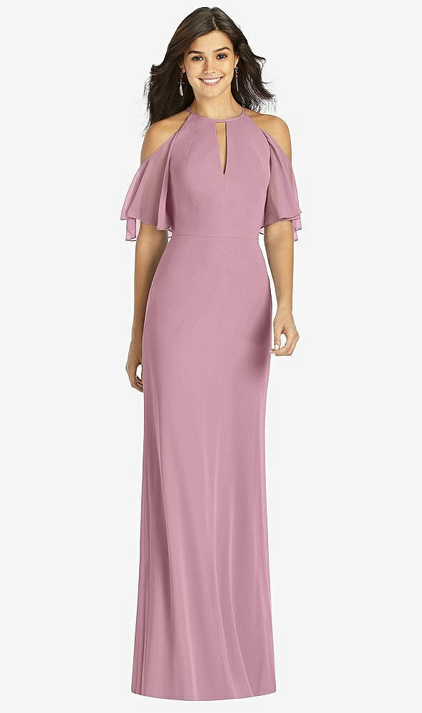 Front View - Dusty Pink Ruffle Cold-Shoulder Mermaid Maxi Dress