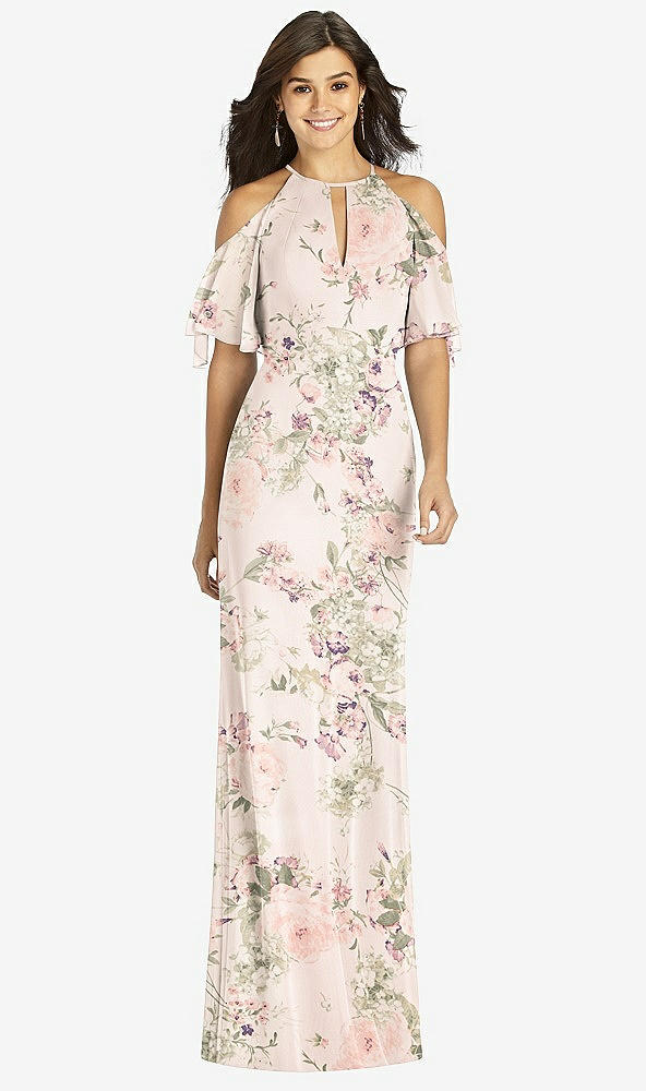 Front View - Blush Garden Ruffle Cold-Shoulder Mermaid Maxi Dress