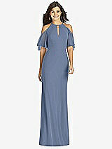 Front View Thumbnail - Larkspur Blue Ruffle Cold-Shoulder Mermaid Maxi Dress