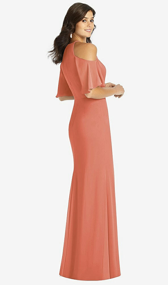 Back View - Terracotta Copper Ruffle Cold-Shoulder Mermaid Maxi Dress