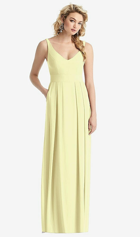 Front View - Butter Yellow Sleeveless Pleated Skirt Maxi Dress with Pockets