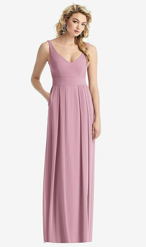 Front View - Dusty Pink Sleeveless Pleated Skirt Maxi Dress with Pockets