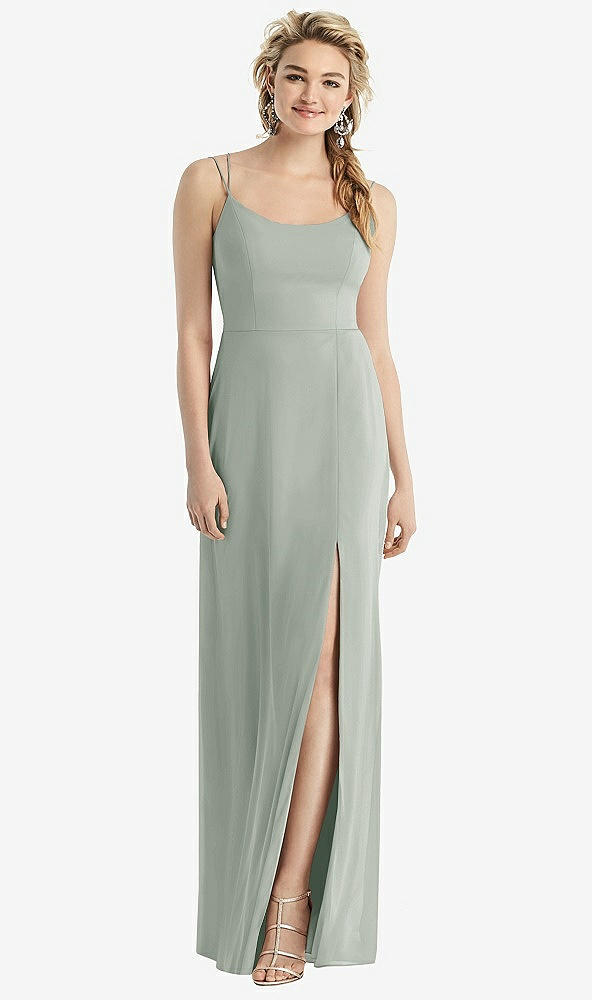 Back View - Willow Green Cowl-Back Double Strap Maxi Dress with Side Slit
