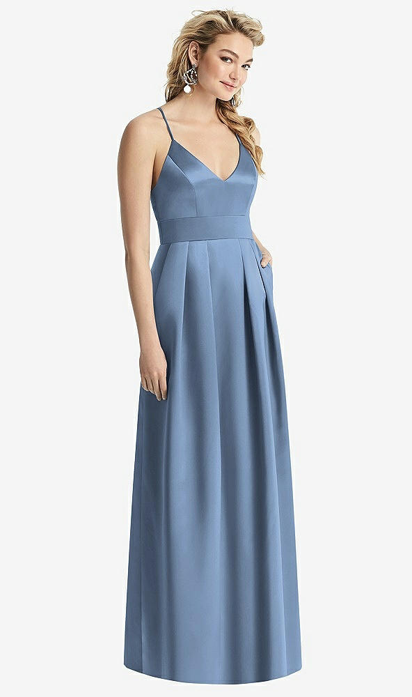 Front View - Windsor Blue Pleated Skirt Satin Maxi Dress with Pockets